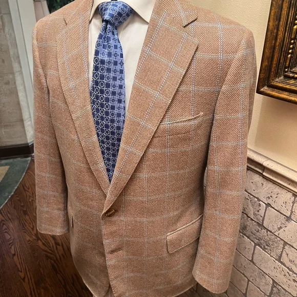 Custom Bespoke 100% Cashmere Windowpane Sport Coat Blazer Jacket Tan Men 42S - Picture 8 of 15